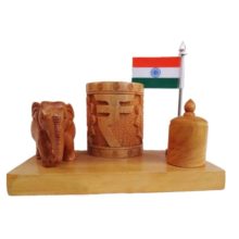 Wooden Elephant With Rupee Pen Holder+ Flag+Pin Holder