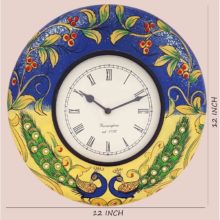 Ethnic Clock Yellow Blue Peacock Design Wall Hanging