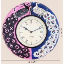 Ethnic Clock Pink Blue Peacock Design Wall Hanging